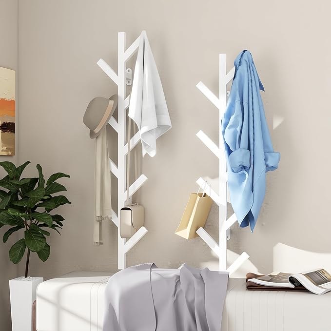 Coat Rack Wall Mounted - 9 Hooks, Coat Hooks for Wall, Modern Metal Coat Tree for Hats, Jackets, Bags, Entryway Bedroom-White (Height 37.8")