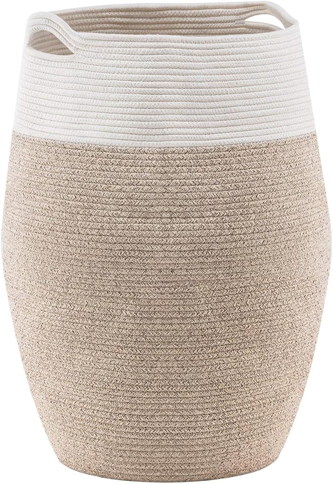 Cotton Rope Laundry Hamper by YOUDENOVA, 105L - Woven Collapsible Basket Clothes Storage for Blankets, Room Organizing, Bedroom Storage, – Brown & White