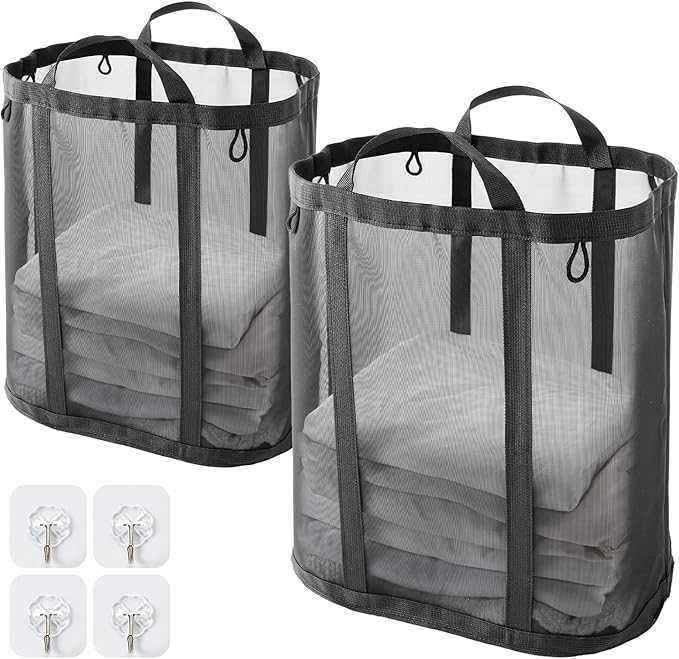 Mesh Laundry bag with Handles, 42L Collapsible Laundry Basket with 2 Hooks, Wall-Mounted Foldable Laundry Hamper Hanging for Bathroom, Dorm or Travel (Black, 2 Pack）