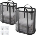 Mesh Laundry bag with Handles, 42L Collapsible Laundry Basket with 2 Hooks, Wall-Mounted Foldable Laundry Hamper Hanging for Bathroom, Dorm or Travel (Black, 2 Pack）