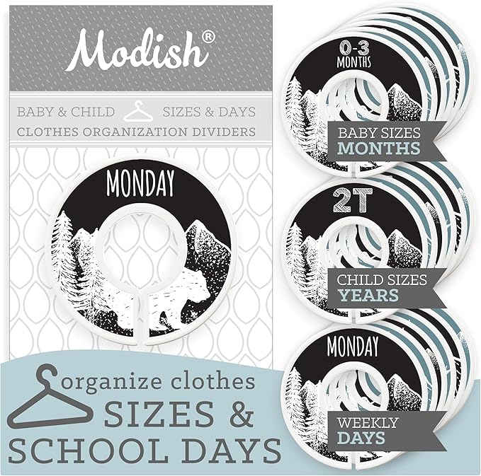 Days of the Week School Clothes Organizer, Modish Labels Weekly Monday through Friday Kids Closet Organization, Girl Boy Neutral Black Teal Woodland Animal Outdoor Mountain Forest Safari Explorer Room