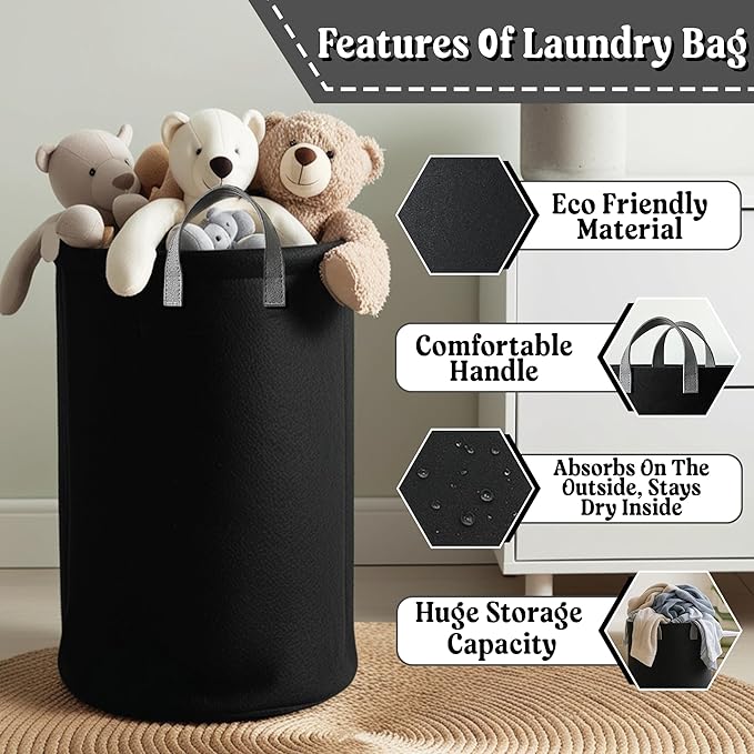 90L Laundry Basket, RECYCLED FROM 40 PLASTIC BOTTLES, Laundry Hamper, Storage Basket, Eco-Friendly Round Laundry Bag with Handles for Dirty Clothes, Toys, Nursery, Dorm (Black)