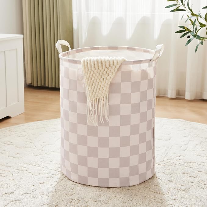 Beige Khaki Checkered Laundry Basket, Collapsible Aesthetic Cute Canvas Organizer Hamper Basket for Storage, Toy Bins, Bedroom Clothes, Children Nursery, Gift Basket