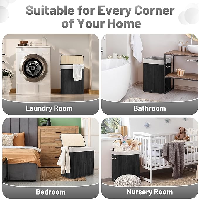 150L Laundry Hamper with lid, 3-Section Clothes Laundry Basket with Handles, Large Collapsible Bamboo Baskets for Bedroom, Bathroom, Dorm, Ink Black