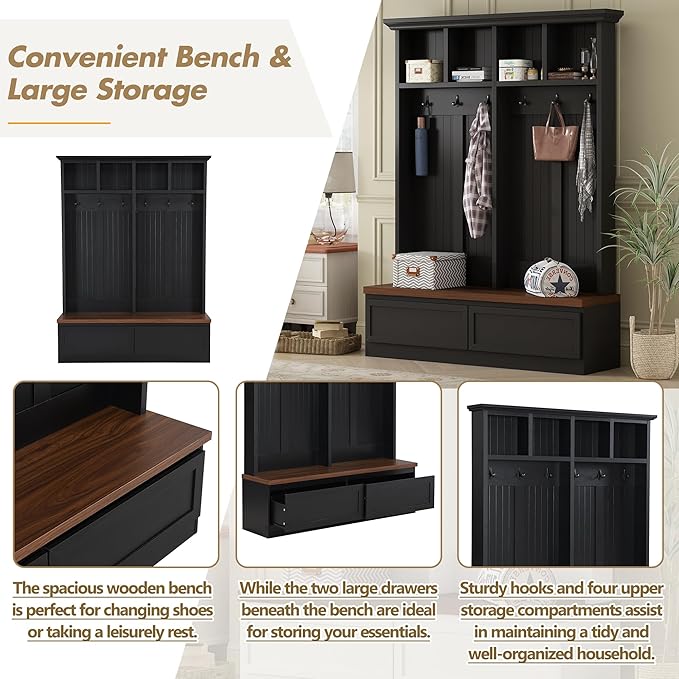 Merax Farmhouse Wood Hall Tree with Bench and Storage Drawers, 4-in-1 Coat Rack with 6 Hooks for Entrance, Hallway Black