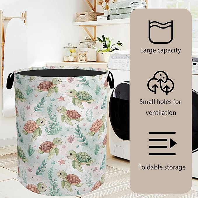 Cartoon Turtle Large Clothes Hamper Bag - Laundry Basket with Handles, Space Saving Foldable Design for Nursery