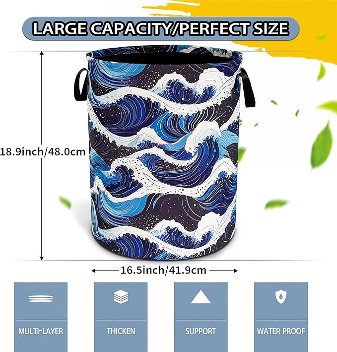 Ocean Wave Laundry Basket Sea Waves Foldable Oxford Cloth Funny Tote Bag Laundry Hamper Clothes Storage Bucket Toy Organizer For Bathroom/Laundry Storage/Bedroom 18.9x16.5 Inch