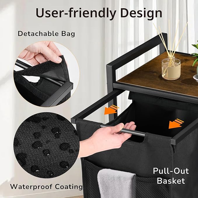 Laundry Sorter, Laundry Basket with 2 Pull-Out Removable Oxford Fabric Bags, 2 x 13.1 Gallons, Total 99L, Cloth Laundry Hamper with a Top Shelf 28.8"x13" (Black and Rust)