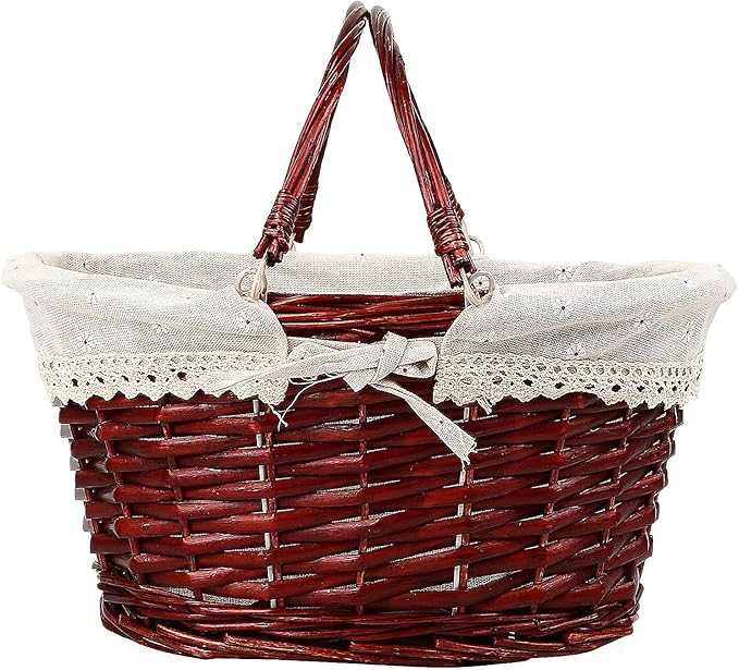 KINJOEK 2 Packs Wicker Woven Basket, Multipurpose Natural Willow Basket with Handle Premium Linen Cotton Cloth Lining for Storage and Decoration, Brown