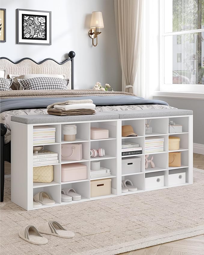 Shoe Storage Bench with Cushion, Entryway Storage Bench with 24 Cubbies, 9.5" Widened Organizer Cabinet, Long Cubby Rack for Living Room, Bedroom, Entryway, White SB32403GY
