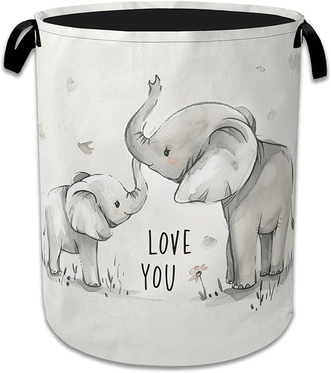 Cute White Elephant Laundry Basket Collapsible Laundry Hamper Oxford Storage Bin for Clothes Storage, Toy Organizer, Books and Sundries 16" X 20.8"