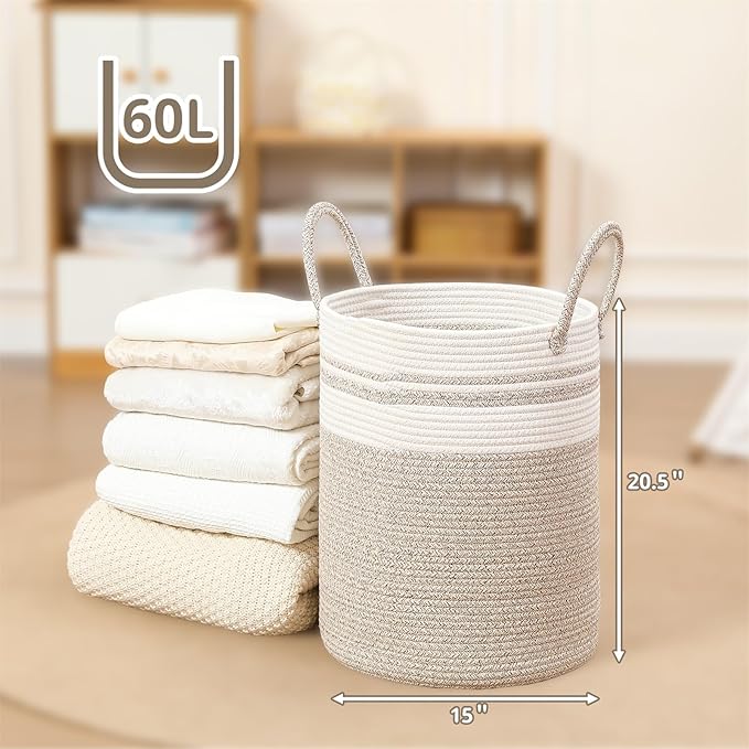 60L Large Woven Laundry Basket Hamper, 100% Natural Cotton Rope, Handwoven & Durable, Storage for Blankets, Toys, Clothes, Nursery Hamper for Living Room, Baby Room (Brown with White)