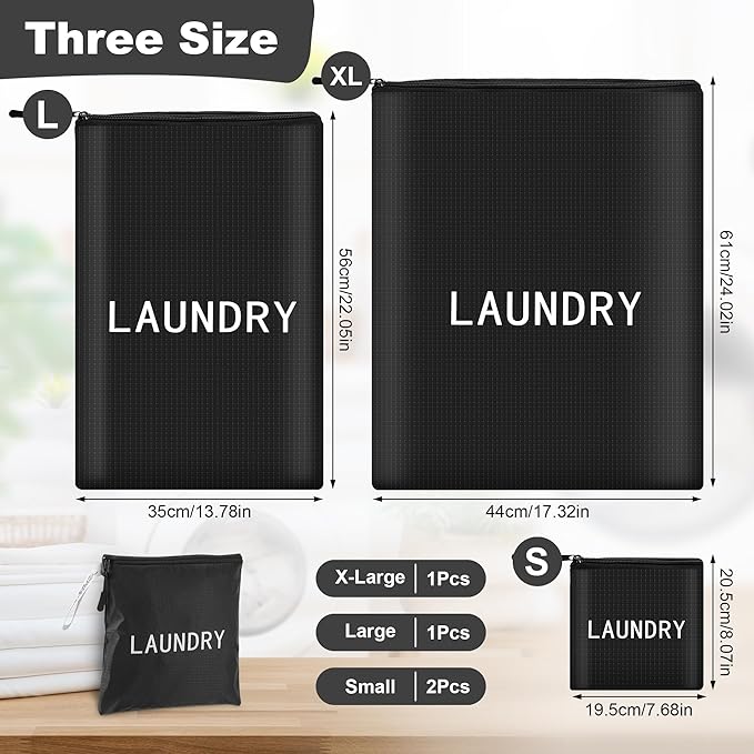 4Pcs Travel Laundry Bags, Dirty Clothes Travel Bag, Waterproof Wet Bags with Zips, Reusable Wet Dry Bag for Swimming Yoga Dance Clothes (Black)