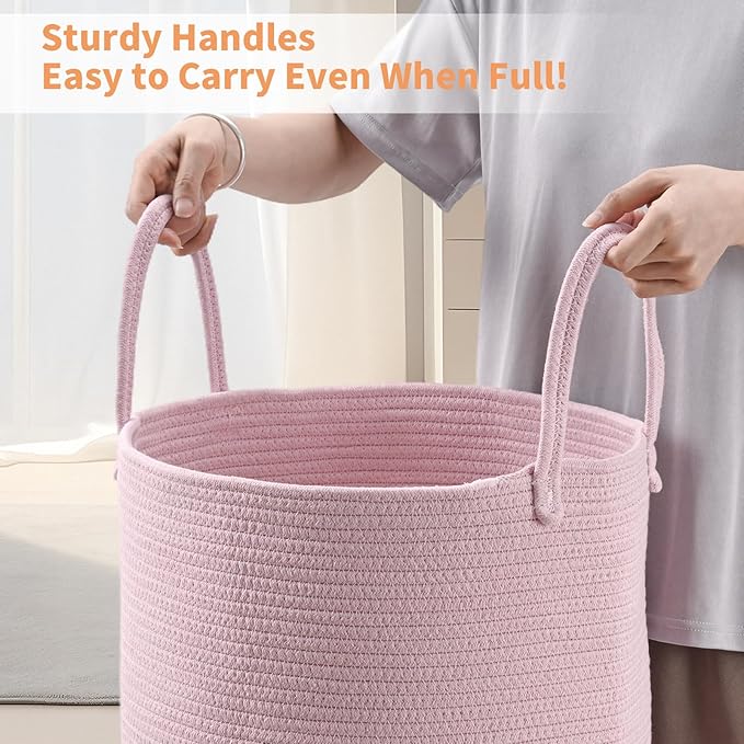 2-Pack Extra Large Cotton Rope Hamper Baskets – 15"x18" Oversized Woven Storage Bins for Blankets, Toys, Dirty Clothes – Pink & Beige Decorative Hamper for Nursery, Living Room, Laundry Room