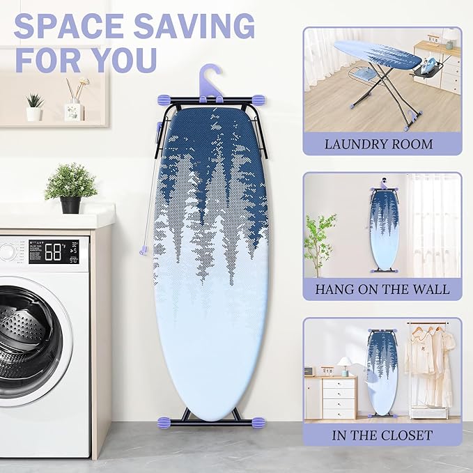 APEXCHASER Ironing Board Full Size with Iron Rest, Metal Panel Iron Board with Heat & Scorch Resistant Cover, Adjustable Height Heavy Duty Ironing Board, for Home, Dorm, 18 x 51 Purple