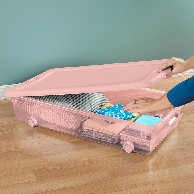 Sterilite 8 Pack Wheeled Under Bed Storage Container, 56 Qt Plastic Bin w/Latching Lid for Organization - Clothes & Shoes Organizer, Pearl Blush Tint