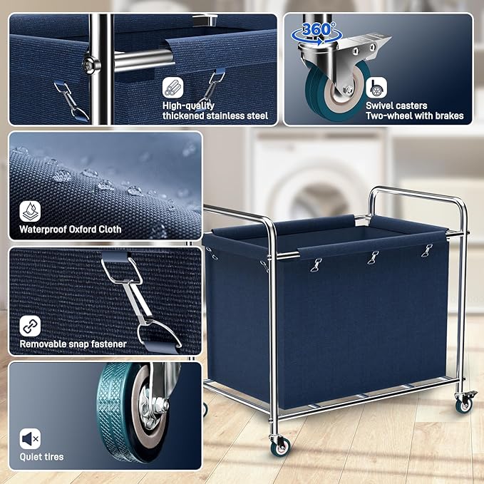 Commercial Laundry Cart with Wheels, 440 lbs Heavy Duty Industrial Laundry Cart with Sturdy Frame and Oxford Bag for Home Hotel Hospital, Rolling Laundry Cart for Home & Hotel, 400L(Blue)