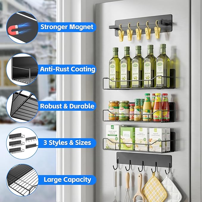 Magnetic Laundry Shelf Organizer, 5 Pack Magnetic Shelves for Washing Machine with Hooks, Heavy Duty Magnetic Storage Rack for Washer, Dryer, Refrigerator, Kitchen, Pantry & Laundry (Grey)