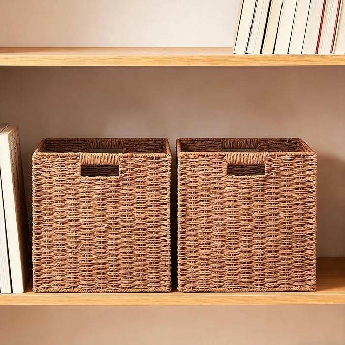 UBBCARE 2 Pack Wicker Basket, 11L×11H×10.5W inch Woven Paper Rope Storage Baskets for shelves, Foldable Cube Storage bin with Handle, Storage Basket for Organizing & Decor, Caramel