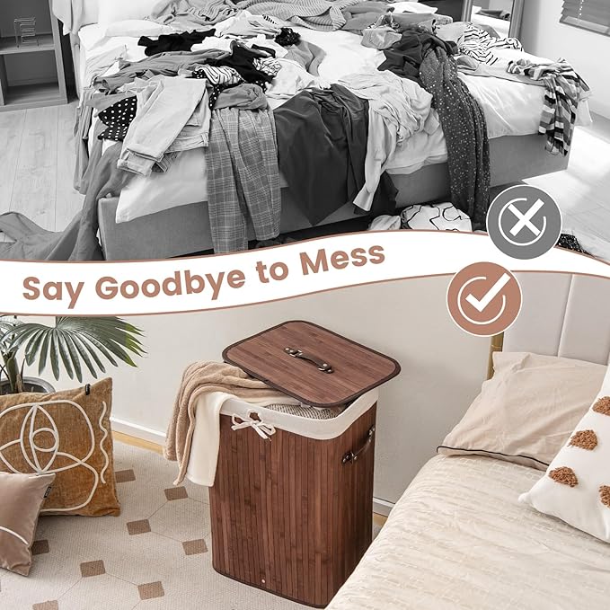 Giantex Bamboo Laundry Hamper with Lid, 72L Large & Tall Clothes Hamper with Removable Liner & Handles, Rectangular Laundry Basket for Small Spaces, Laundry Room, Bedroom (Brown)