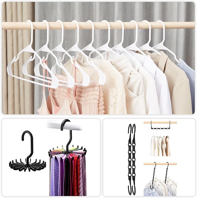 VECELO 100 Pack Plastic Hangers-Clothes Hangers Set with Shoulder Grooves for Closet Space Saving-Heavy Duty Coat Hanger,White