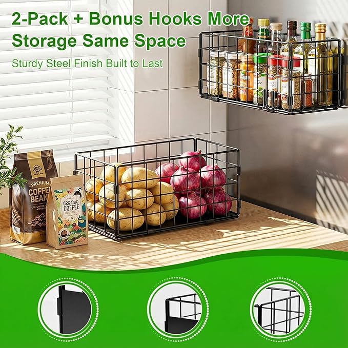 Enkrio 2 Pack Magnetic Basket for Laundry Room & Fridge Side, Large Metal Fruit Potato Onion Storage Bin with Strong Magnets & Hooks, Magnetic Organizer Shelf for Refrigerator