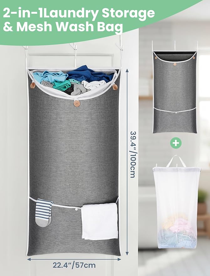 NiHome XL Hanging Laundry Hamper(39.4" x 22.4"), 2-in-1 Laundry System with Delicates Bag, Durable Water-Resistant Fabric, Includes 3 Door and 3 Wall Hooks