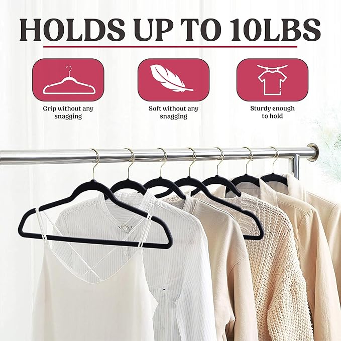 LDC Black Velvet Hangers 100 Pack - Premium Non-Slip Clothes Coat Pants Felt Hanger for Closet - Heavy Duty Space Saving 360° Swivel Hook Hangars – Black
