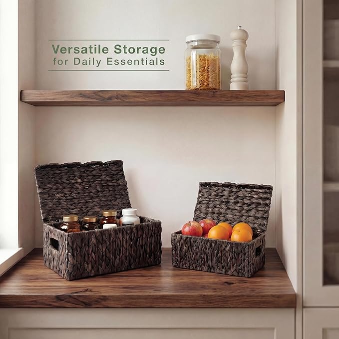 Set of 2 Scalloped Black Wicker Baskets with Lid