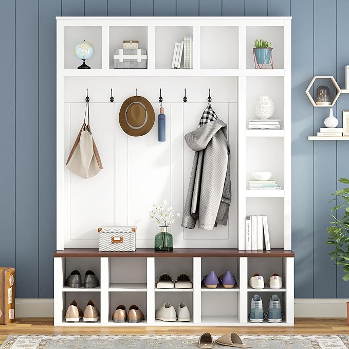 Farmhouse Entryway Bench with Coat Rack, Wooden Hall Tree with 6 Hooks, Walnut Storage Bench with Adjustable Shelves, 4-in-1 Entryway Shoe Cabinet with 13 Cubbies for Mudroom (White/172)