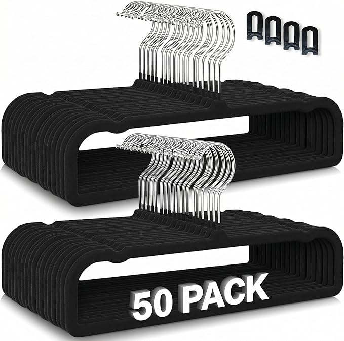 50 Velvet Pants Hangers with 20 Velvet Hooks – Non-Slip Flocked Slim Space Saving Clothes Hangers with 360° Swivel Silver Hook, Heavy Duty for Jeans, Pants, Tank Tops & Closet Organization