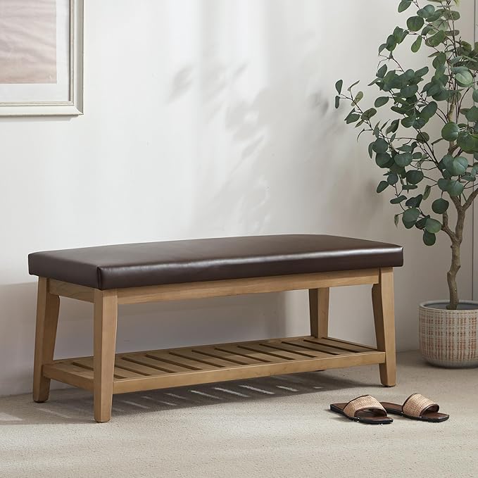 HUIMO Entryway Shoe Bench with Cushion, End of Bed Bench,Upholstered Bench for Kitchen, Bench with Solid Wood Shelf, Leather Ottoman Bench for Hallway, Living Room (PU-Brown)