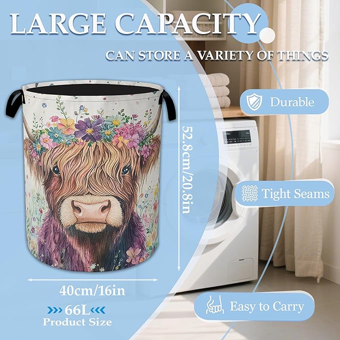 Highland Cow Laundry Basket Collapsible Laundry Hamper Oxford Storage Bin for Clothes Storage, Toy Organizer, Books and Sundries 16" X 20.8"