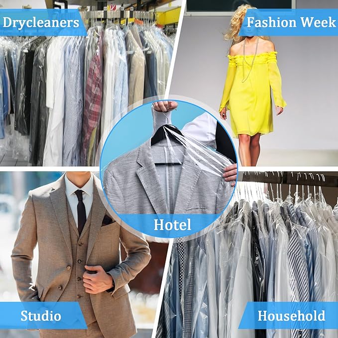 100 Pack Plastic Dry Cleaning Bags Garment Bags for Hanging Clothes Clear Dry Cleaner Covers Transparent Dust-Proof Clothing Covers for Suits Coats Uniforms Laundrette(23.6x35.4 Inch)
