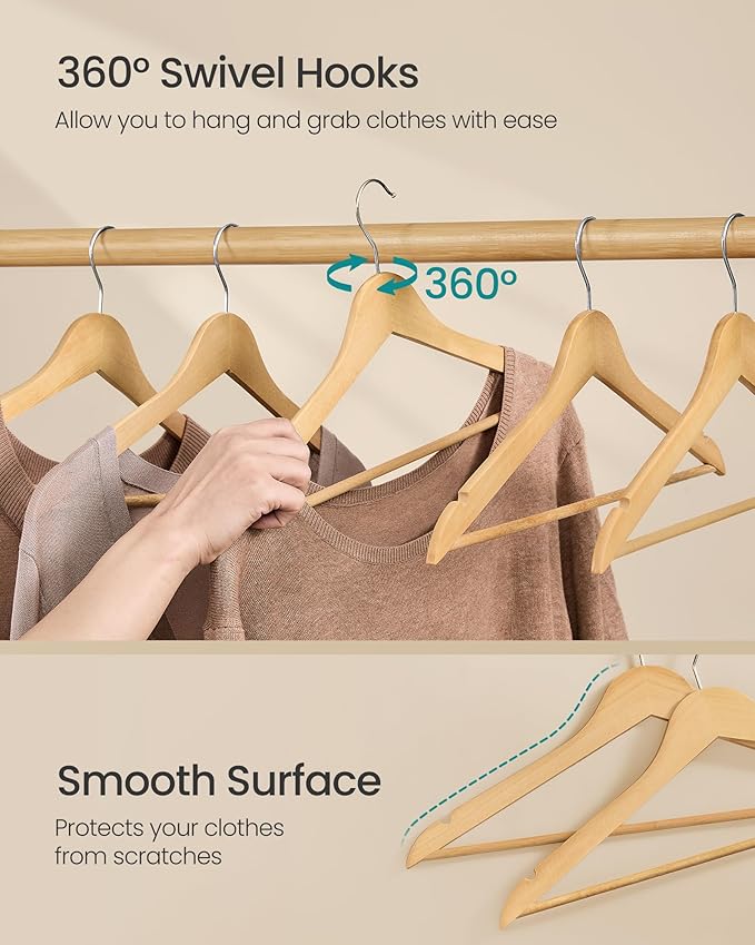 SONGMICS Wooden Hangers, Pack of 30, Coat Hangers, Pants Bar, 360° Swivel Hooks, Solid Birch Wood, Space Saving, for Jackets, Shirts, Coats, Natural Beige UCRW030K01
