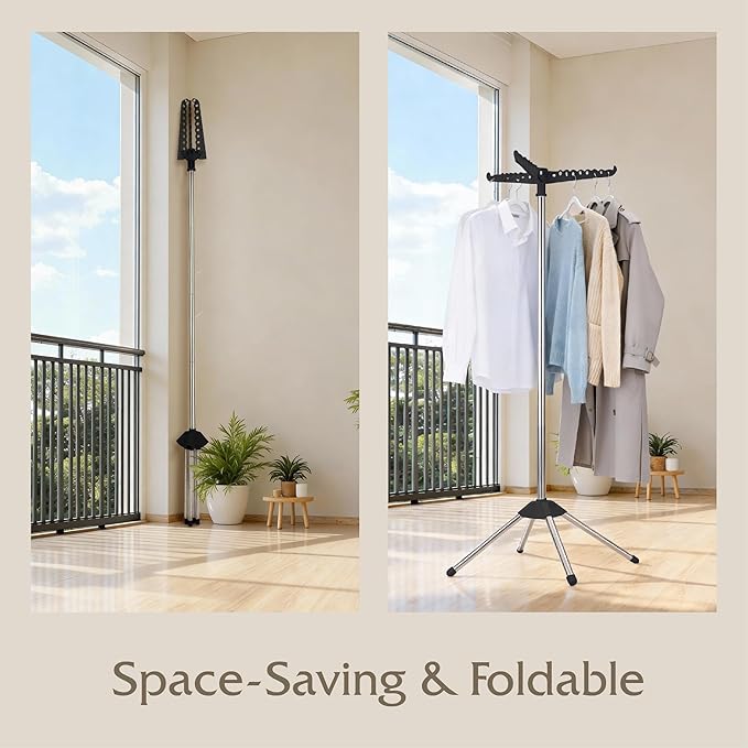 Beaudaily Clothes Drying Rack, Foldable Laundry Drying Rack, Indoor 59-Inch Drying Rack Clothing with 3 Rotatable Arms, Stainless Steel, Holds 27 Pieces, Space Saving, Portable, Black and Silver