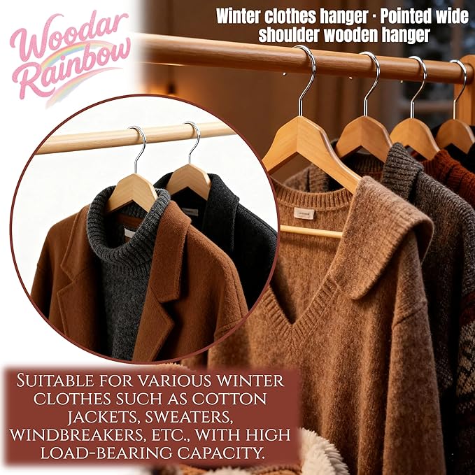 Luxury Wide Shoulder Wooden Suit Hangers with Pants Bar, Solid Wood Jacket Clothes Hangers Smooth Finish for Sweater Dress Pants Sport Coats (Natural, 6 Pack)
