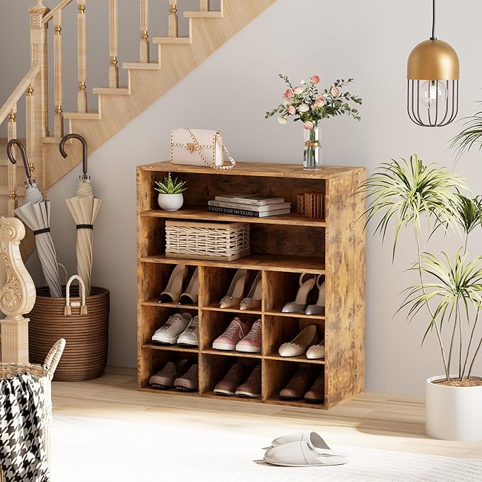 9-Cubby Shoe Rack with 2 Storage Shelf, 3-Tier Wood Shoe Organizer, Multifunctional Shoe Organizer Bench for Entryway, Mudroom, Hallway, Closet, Brown