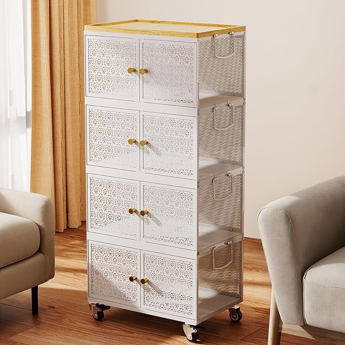 4 Tier Metal Storage Cabinet with wheels, Storage Bins with Magnetic Doors, Storage Cart for Living Room, Bedroom, Bathroom, Kitchen