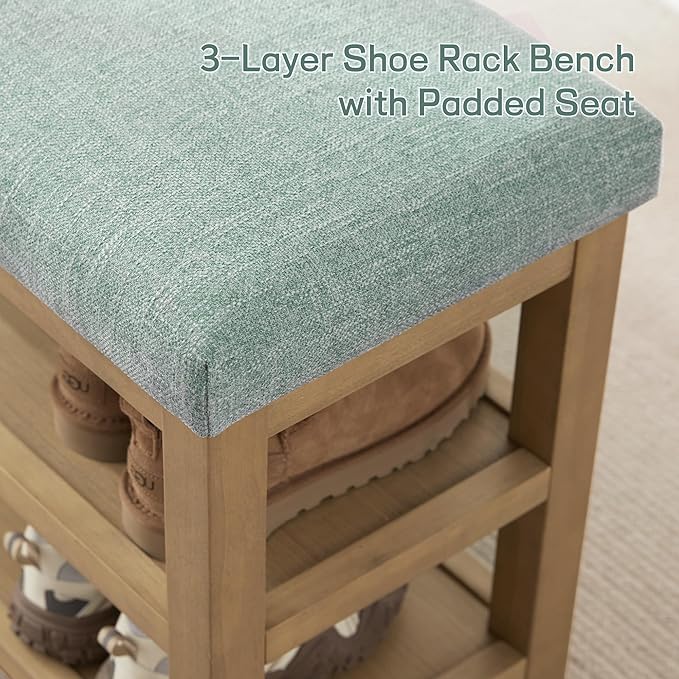 Shoe Rack Bench with Cushion, 2 Tier Solid Wood Storage Bench, Mid-Century Modern Shoe Bench for Entryway, Hallway, Closet, Front Door Entrance, Foyer (Teal, 39.4")