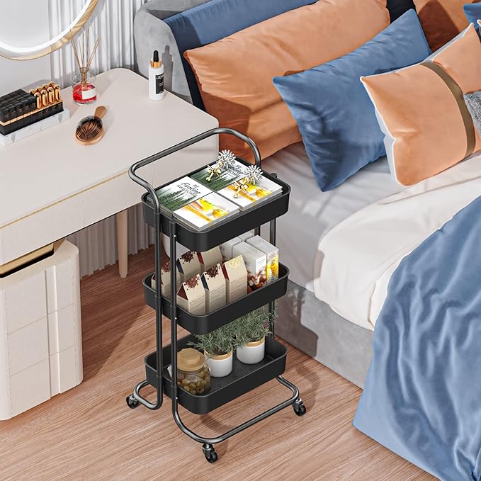 Sooyee 3 Tier Utility Cart,Rolling Cart with Handle and Lockable Wheels, Multi-Functional Storage Cart for Office, School,Living Room, Kitchen, Bathroom, Bedroom,Laundry,Black