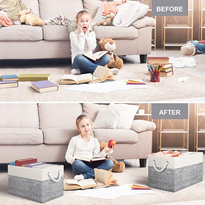 Fab totes Storage Bins [4-Pack], Foldable Storage Baskets for Organizing Toys, Books, Shelves, Closet, Large Storage Box with Rope Handles, Sturdy Organizer Bins, White & Grey