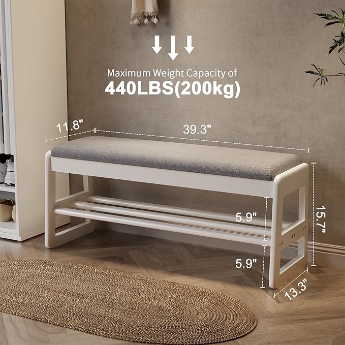 AQIMUELE Shoe Rack Bench,2 Tiers Shoe Bench with Storage with Flip-Top,Wood Shoe Rack for Entryway,Hallway（White Upholstered Seat）