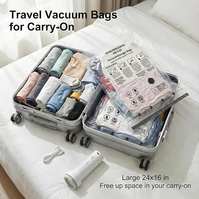 Vacuum Seal Bags for Clothing: 9 Pack Large Travel Vacuum Bags for Luggage with Rechargeable Electric Pump - Space Saver for Carry-On Packing