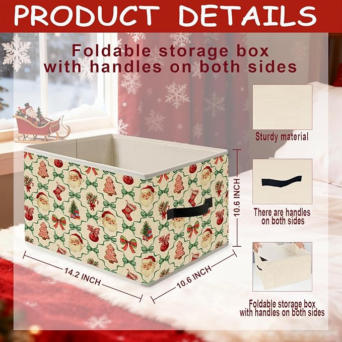 Red and Green Coquette Bow Santa Trellis Christmas Storage Bins, Gingerbread Stocking Tree Holiday Foldable Closet Organizers Storage Basket Toybox for Clothes Bed Sheets Blankets Toys