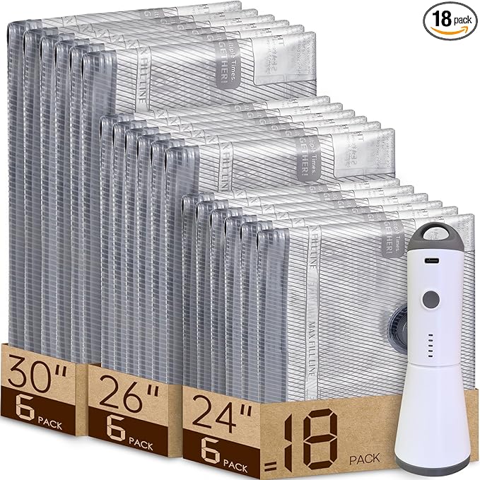 Vacuum Bags for Travel with Rechargeable air Pump, Carry-on Size Compression Packing Bags for Luggage and Suitcase, Space Saver for Clothes and Clothing 18 Combo Travel Size