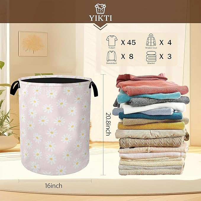 Pink Daisy Flower Laundry Hamper,Spring Floral Clothes Hamper for Laundry,Waterproof Oxford Toy Storage Collapsible Hampers for Bedroom, Dorm Room,Bathroom,16x20 Inch