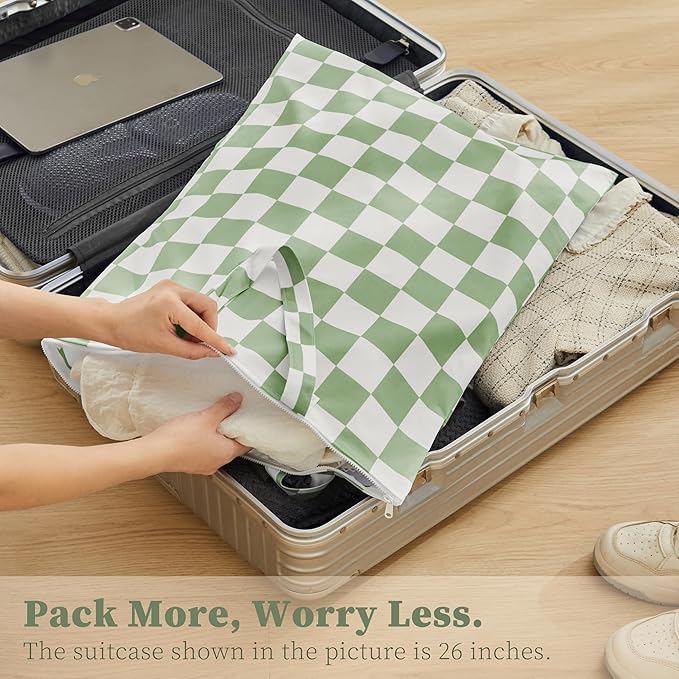 Checkered 2 Pcs Large Travel Laundry Bags for Dirty Clothes, Aesthetic Trendy Waterproof Washable Laundry Bag with Handle for Travel, Gym, Swimming Pool Sage Green
