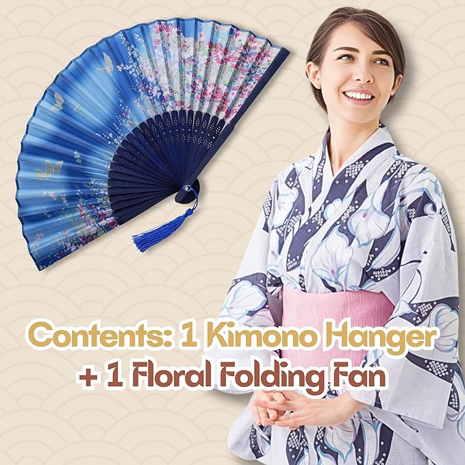 Japanese Kimono Hanger for Artistic Display - with Floral Folding Fan