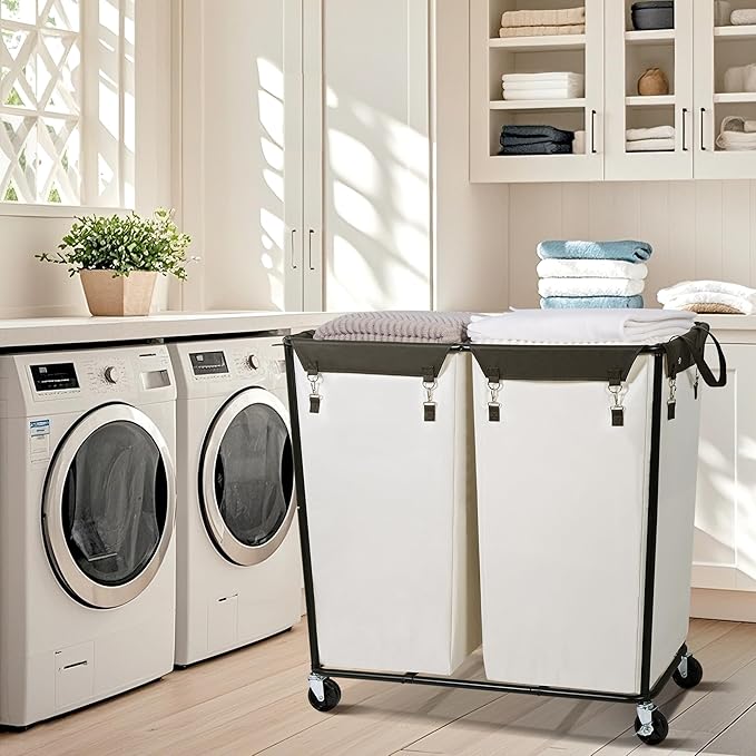 390L Laundry Hamper Sorter with Wheels, Extra Large Laundry Basket Heavy-Duty Rolling Cart with Removable Bags, Laundry Cart for Hotel and Home, Beige, 2-Section